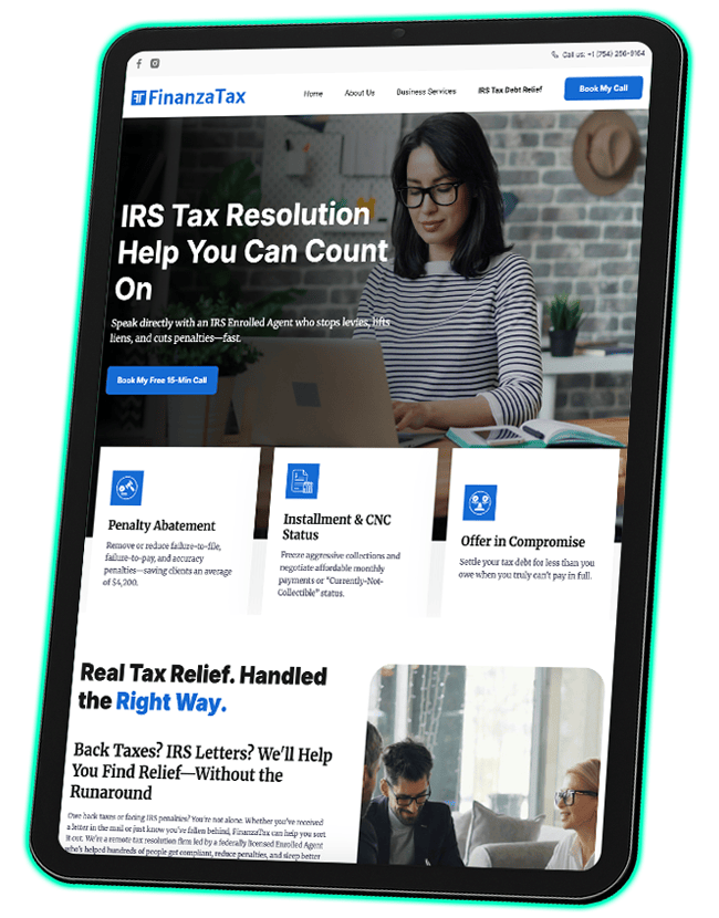 Tablet mockup of the FinanzaTax tax resolution website showing a headline about IRS tax relief, service icons, and a professional woman working on a laptop.
