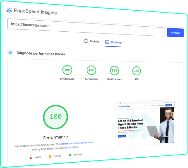 Google PageSpeed Insights report for FinanzaTax.com showing perfect scores of 100 in performance, accessibility, best practices, and SEO.
