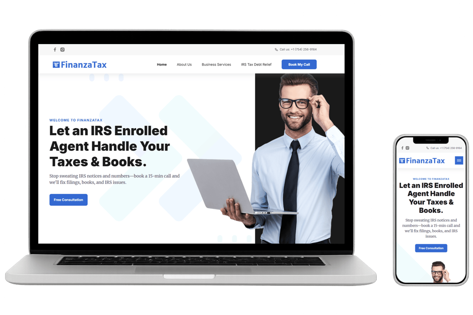 Screenshot of the FinanzaTax website homepage, featuring the headline 'Let an IRS Enrolled Agent Handle Your Taxes & Books' and