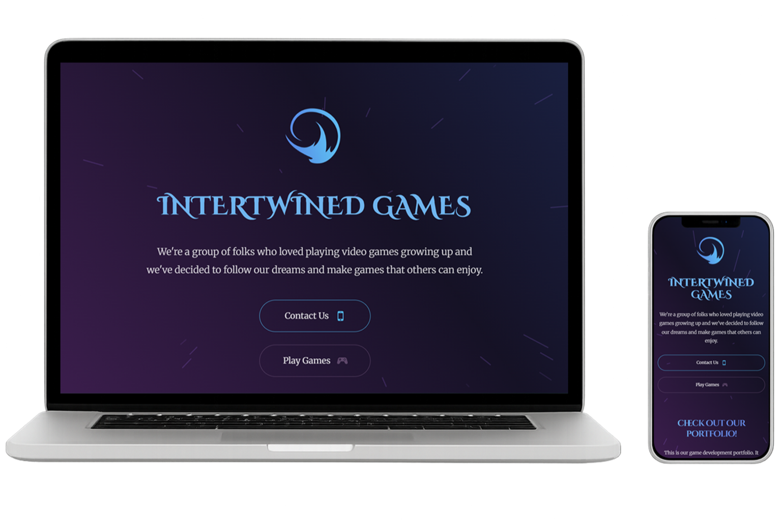 Laptop and smartphone mockup of the Intertwined Games website, featuring a dark purple design with the logo, mission statement, and buttons to contact or play games.